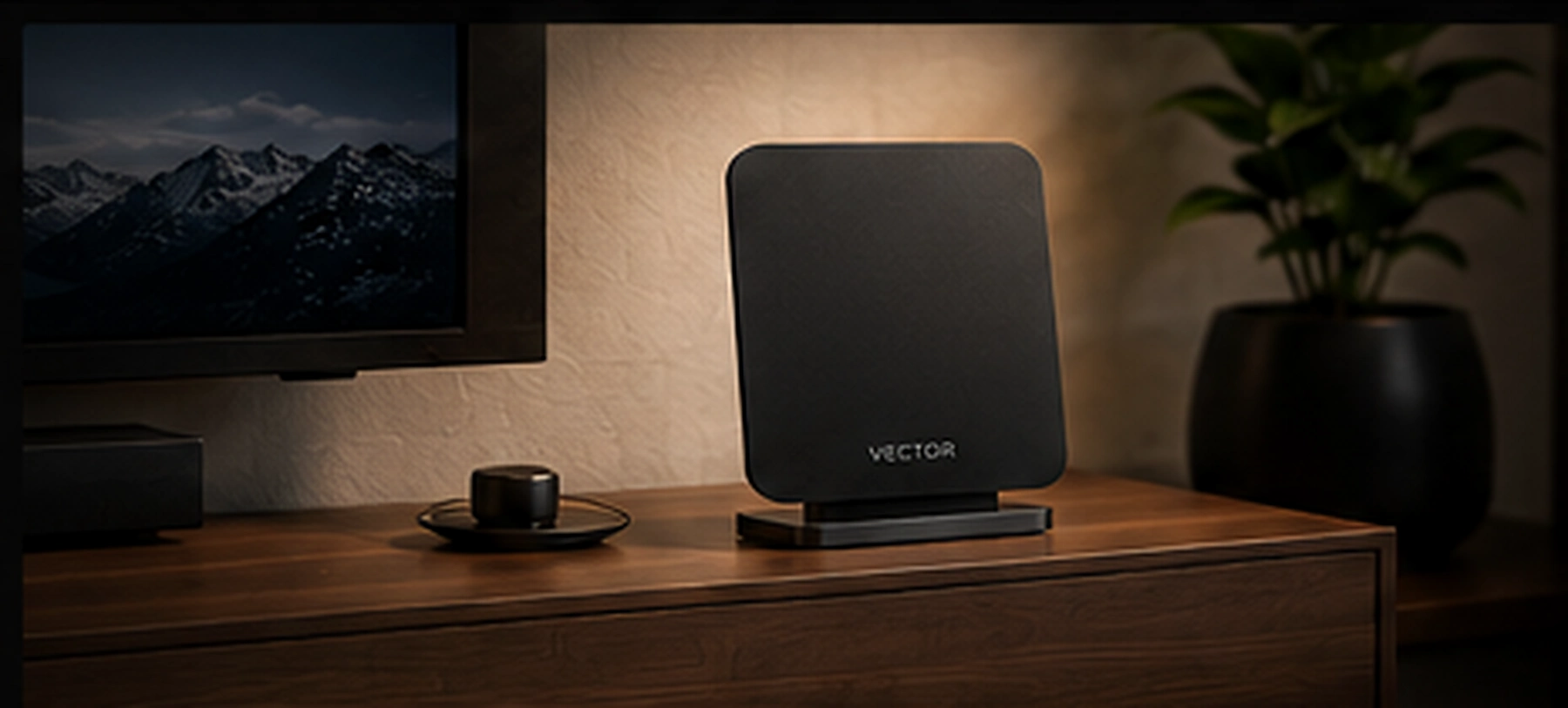 VECTOR ONE displayed beside a television in a modern living room